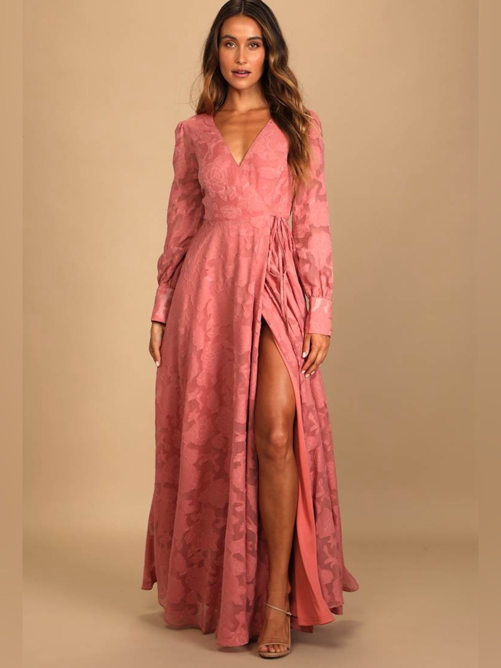 Lulus Kept Your Love Rose Pink Floral Jacquard Long Sleeve Maxi Dress Size XL